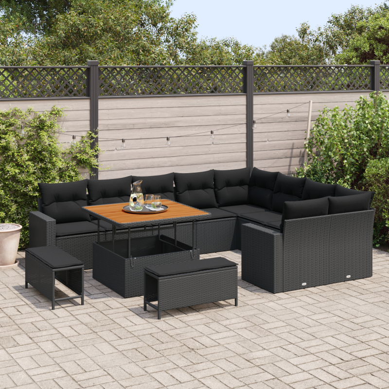 12-teiliges Garten-Sofa-Set mit Kissen Schwarz Poly Rattan Akazie