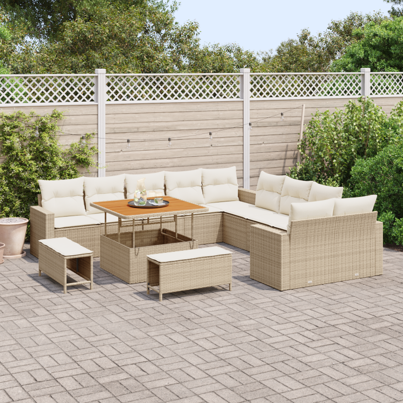 13-teiliges Garten Sofaset mit Kissen Beige Poly Rattan Akazie