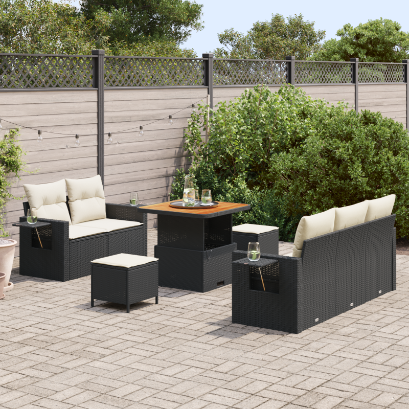 8-teiliges Garten Sofa Set mit Kissen Schwarz Poly Rattan Akazie