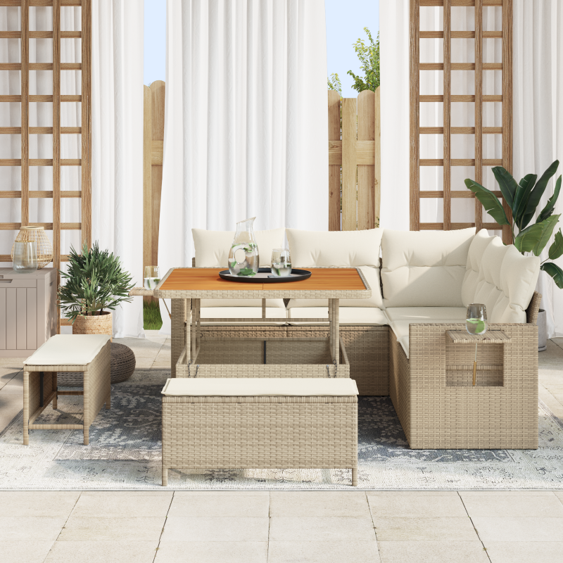 8-teiliges Garten Sofa Set mit Kissen Beige Poly Rattan Akazie
