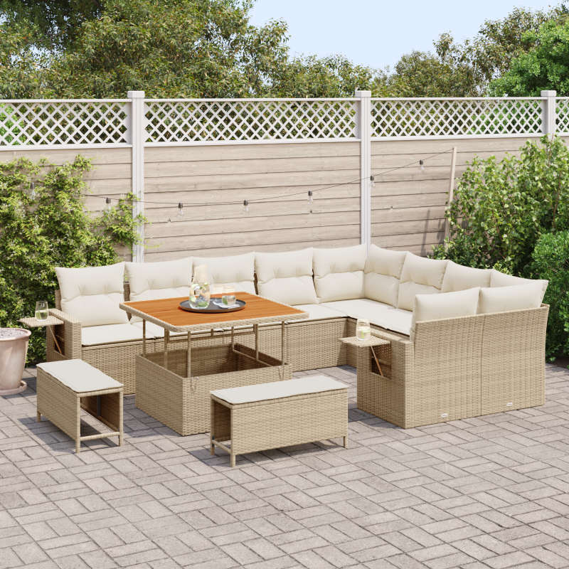12-teiliges Garten Sofa Set mit Kissen Beige Poly Rattan Akazie
