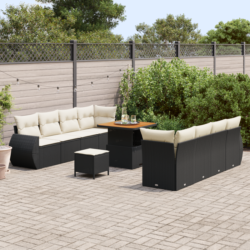 11-teiliges Garten Sofa Set mit Kissen Schwarz Poly-Rattan Akazie