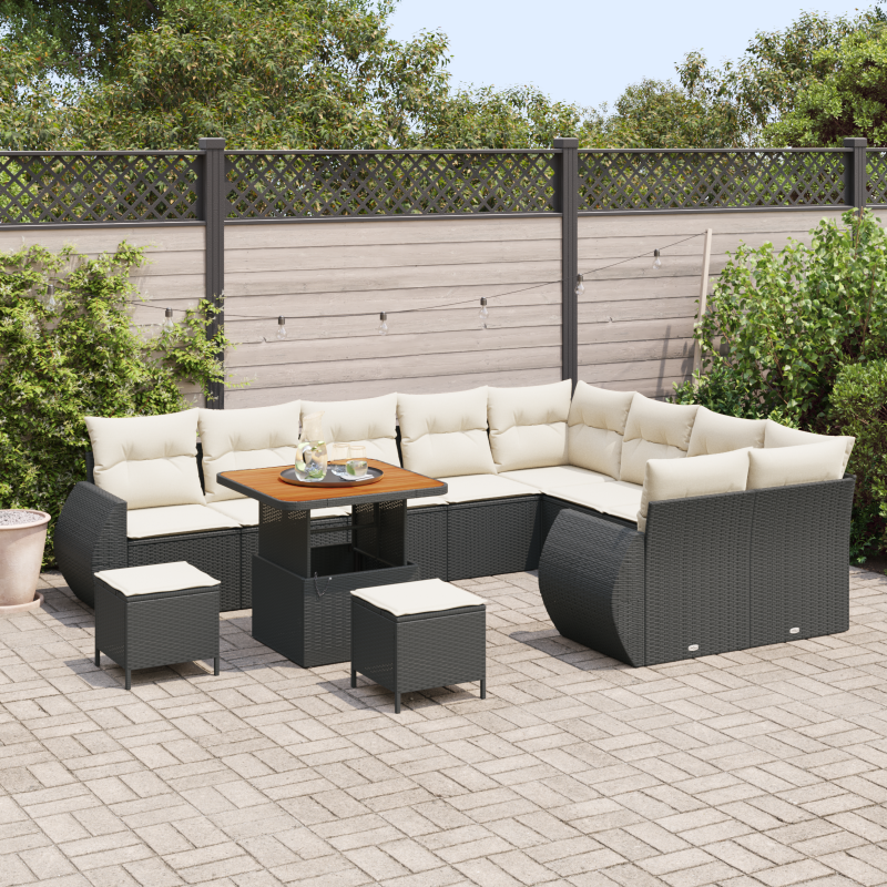 12-teiliges Garten Sofa Set mit Kissen Schwarz Poly Rattan Akazie