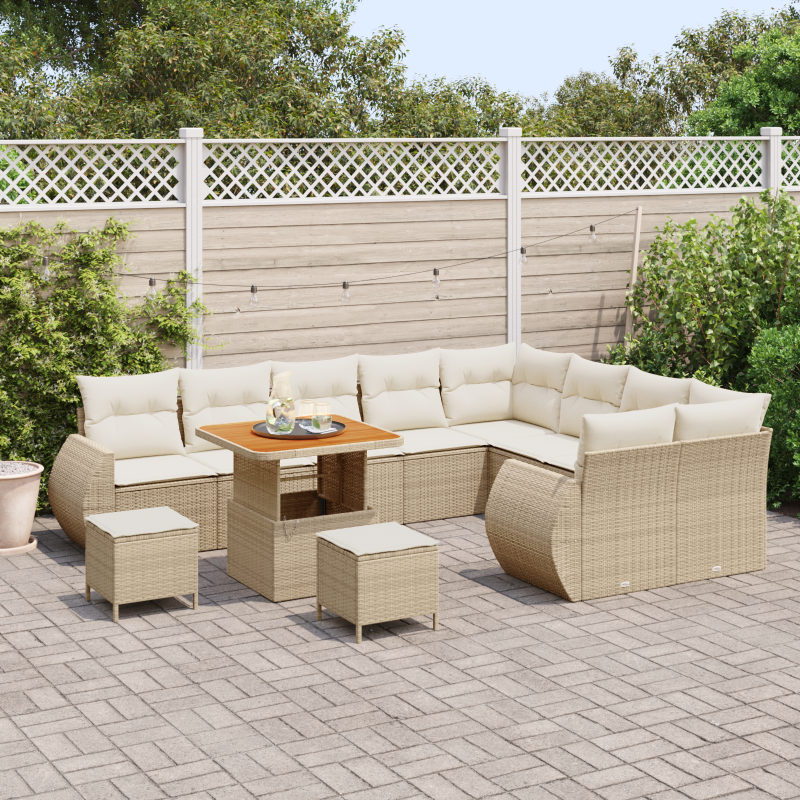 12-teilige Garten Sofagarnitur mit Kissen Beige Poly Rattan Akazie