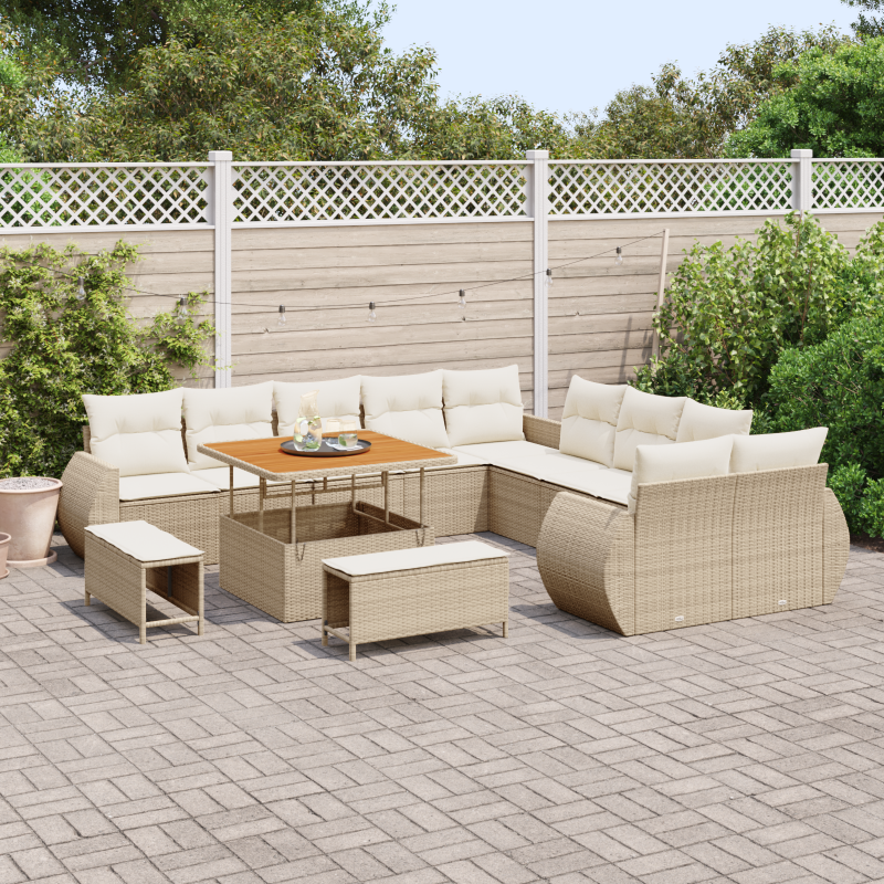 13-teiliges Garten-Sofa-Set mit Kissen Beige Poly-Rattan Akazie
