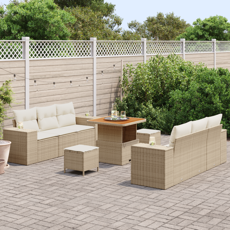 9-teiliges Garten Sofaset mit Kissen Beige Poly Rattan Akazie