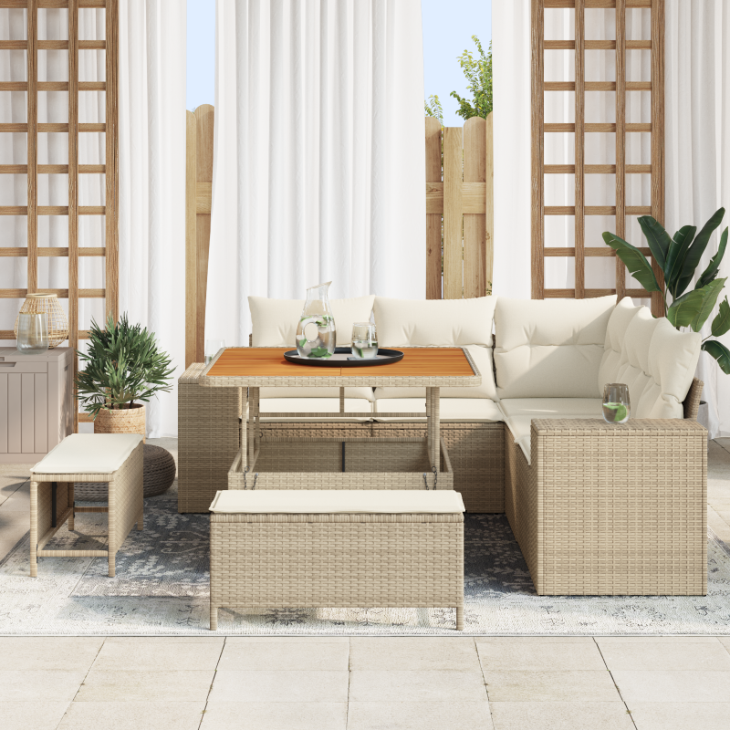 8-teiliges Garten Sofa Set mit Kissen Beige Poly Rattan Akazie