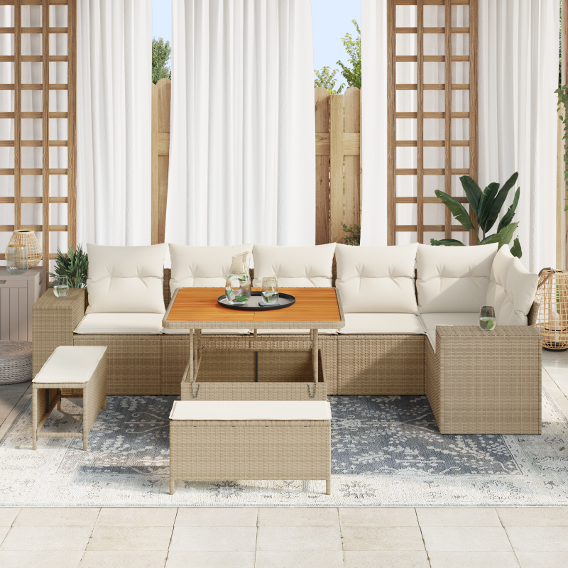 9-teiliges Garten-Sofa-Set mit Kissen in Beige, Poly-Rattan, Akazie