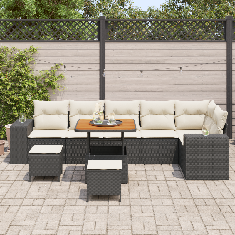 9-teiliges Garten Sofa Set mit Kissen Schwarz Poly Rattan Akazie