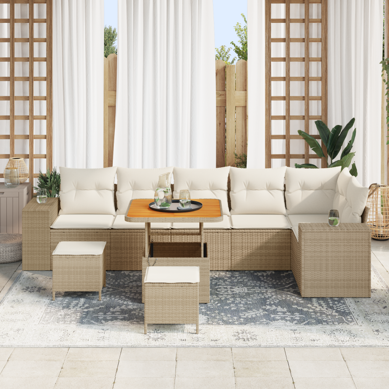 9-teiliges Garten Sofa Set mit Kissen Beige Poly Rattan Akazie