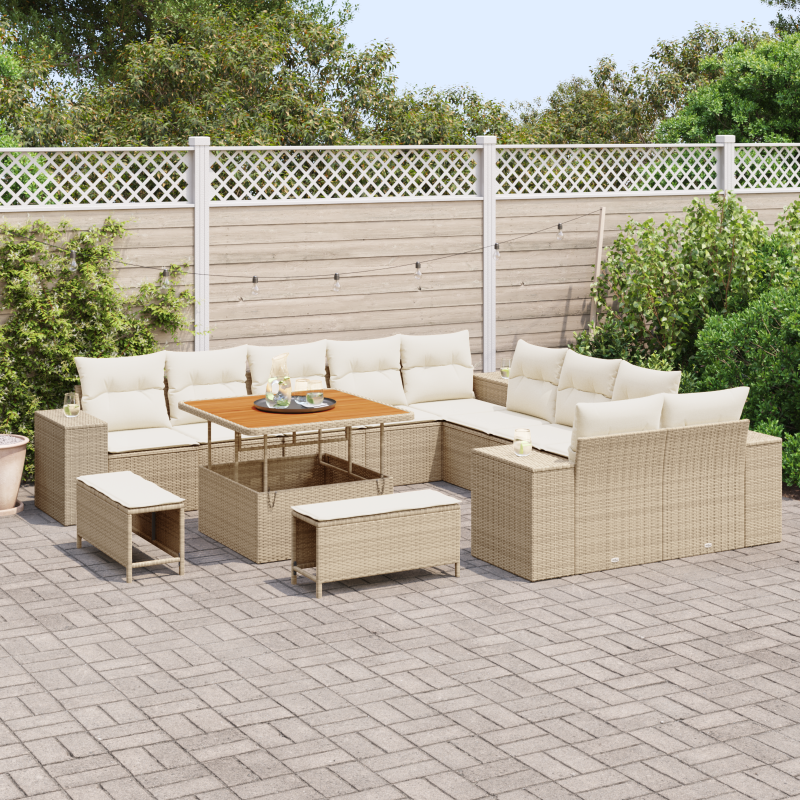 13-teiliges Garten Sofa Set mit Kissen Beige Poly Rattan Akazie