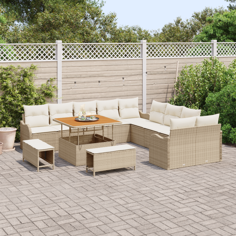 13-teiliges Garten-Sofa-Set mit Kissen Beige Poly-Rattan Akazie