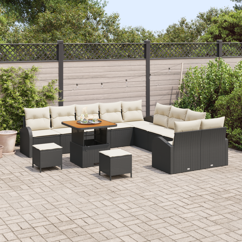 13-teiliges Garten-Sofa-Set mit Kissen Schwarz Poly Rattan Akazie