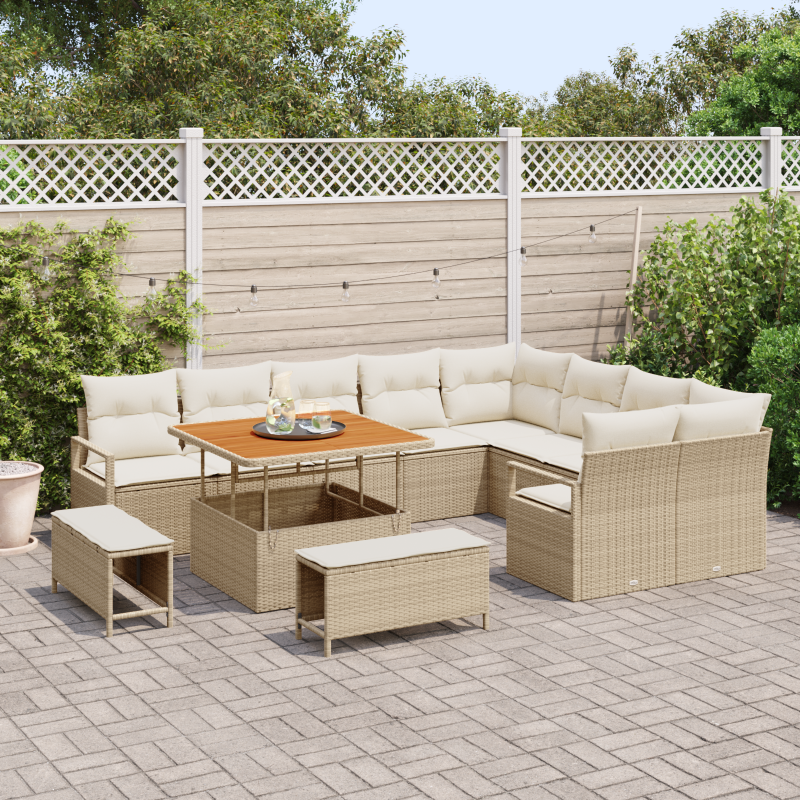 12-teiliges Garten-Sofa-Set mit Kissen Beiger Poly-Rattan Akazie