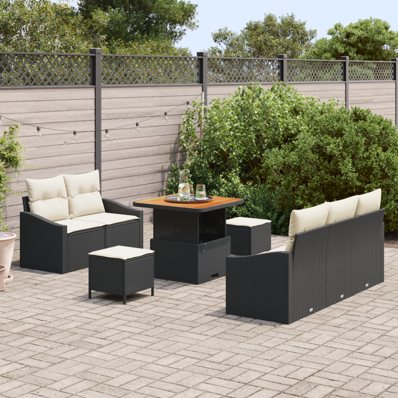 8-teiliges Garten Sofa Set mit Kissen Schwarz Poly Rattan Akazie