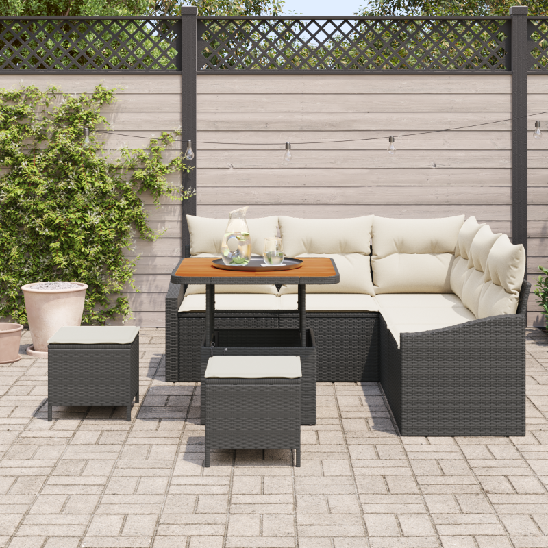 8-teiliges Garten Sofaset mit Kissen Schwarz Poly Rattan Akazie