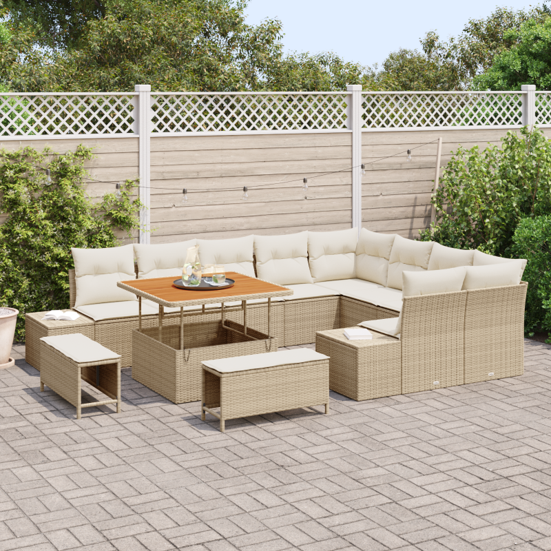 12-teiliges Garten Sofa Set mit Kissen Beige Poly Rattan Akazie