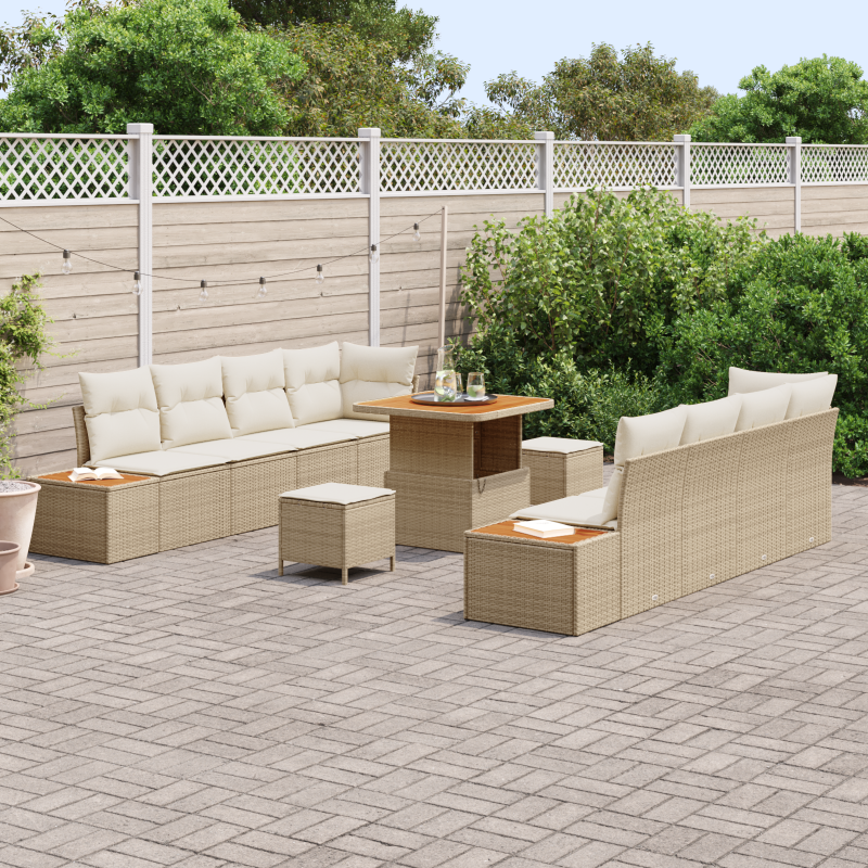 11-teiliges Garten Sofa Set mit Kissen Beige Poly Rattan Akazie