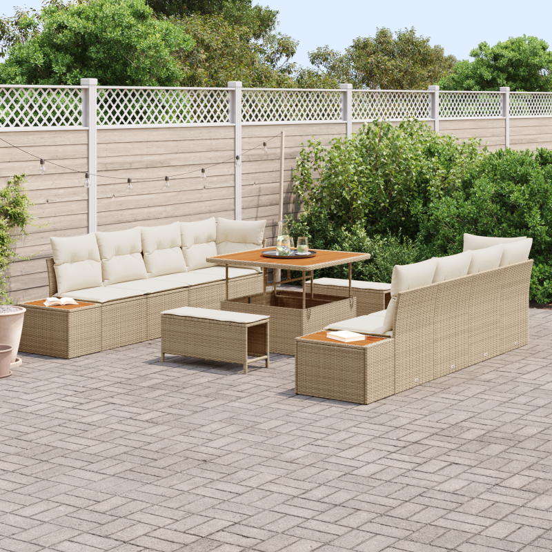 11-teiliges Garten Sofa Set mit Kissen Beige Poly Rattan Akazie