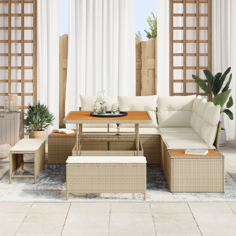8-teiliges Garten Sofa Set mit Kissen Beige Poly Rattan