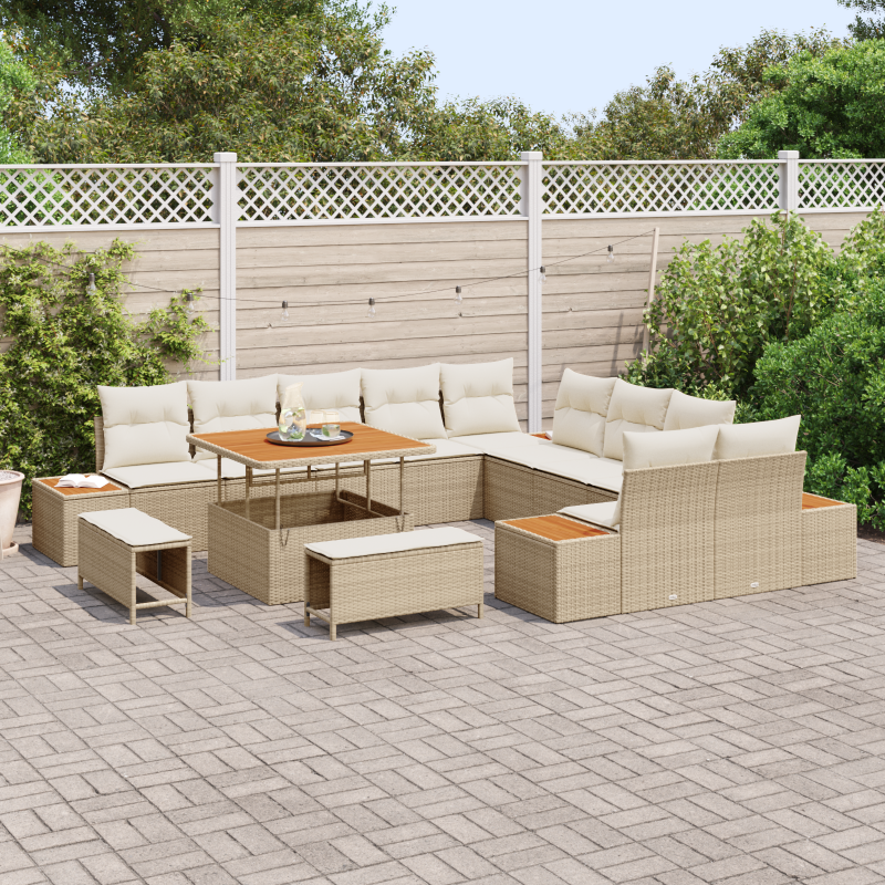 13-teiliges Garten-Sofa-Set mit Kissen Beige Poly-Rattan Akazie