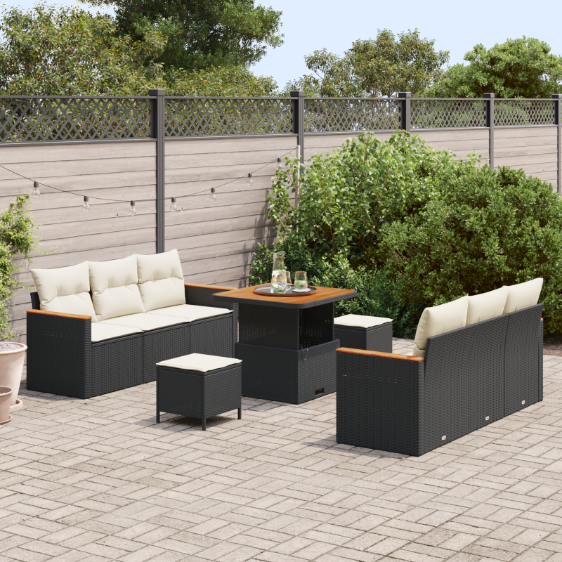 9-teiliges Garten Sofa Set mit Kissen in Schwarz aus Poly Rattan