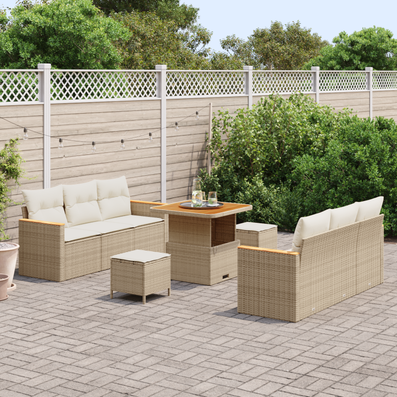 9-teiliges Garten Sofa Set mit Kissen Beige Poly Rattan Akazie