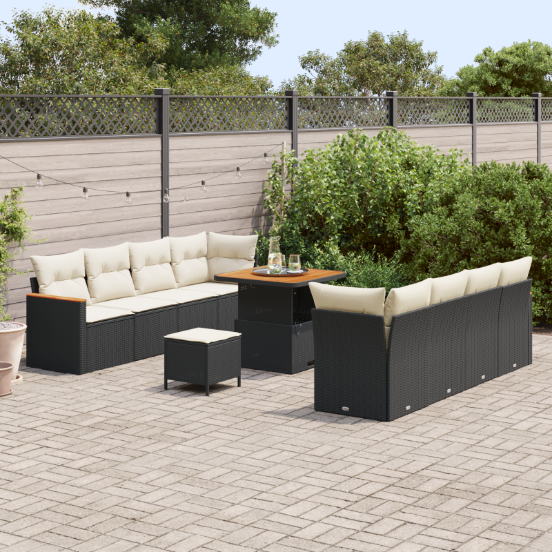 11-teiliges Garten-Sofa-Set mit Kissen Schwarz Poly Rattan Akazie