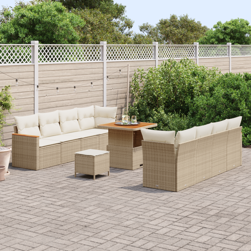 11-teiliges Garten-Sofa Set mit Kissen Beiges Poly-Rattan Akazie