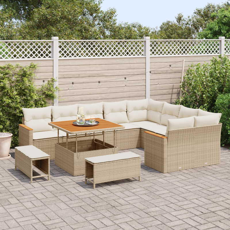 12-teiliges Garten Sofa Set mit Kissen Beige Poly-Rattan Akazie