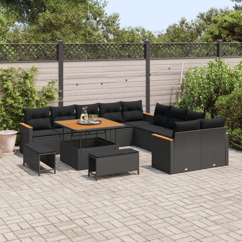 13-teiliges Garten Sofa Set mit Kissen Schwarz Poly Rattan Akazie