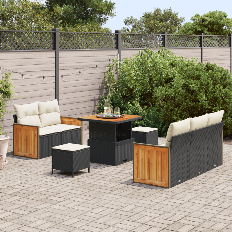 8-teiliges Garten Sofa Set mit Kissen Schwarz Poly Rattan Akazie