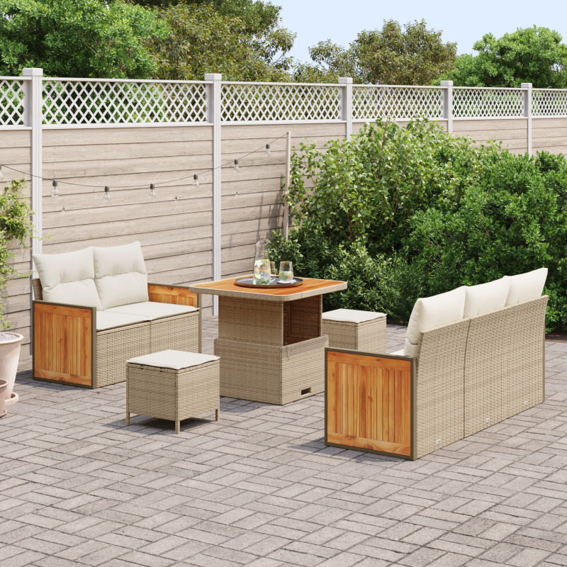 8-teiliges Garten-Sofa Set mit Kissen Beige Poly-Rattan Akazie