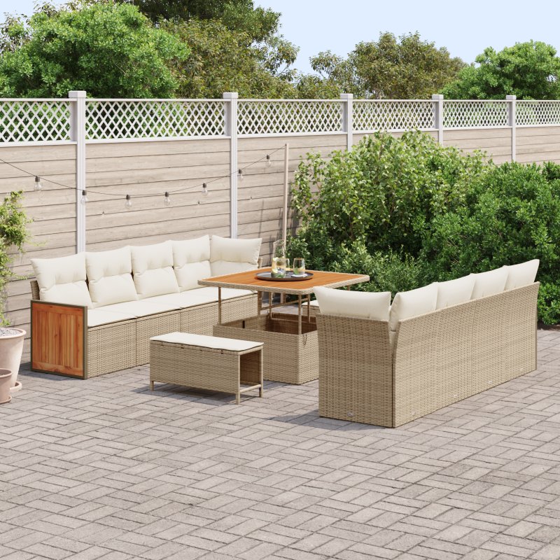 11-tlg. Garten Sofa Set mit Kissen Beige Poly Rattan Akazie