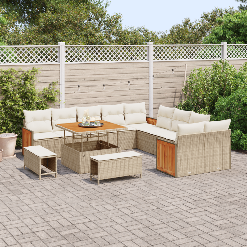 13-teiliges Garten Sofa Set mit Kissen Beige Poly Rattan Akazie