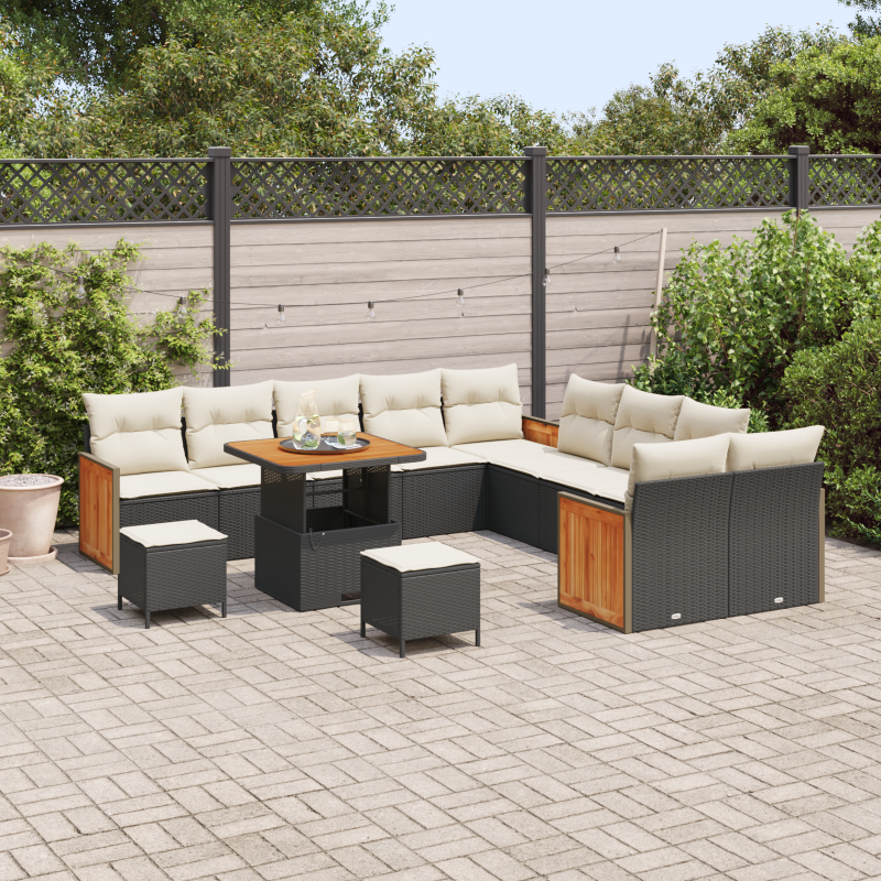 13-teilige Garten-Sofa-Set mit Kissen Schwarz Poly-Rattan Akazie