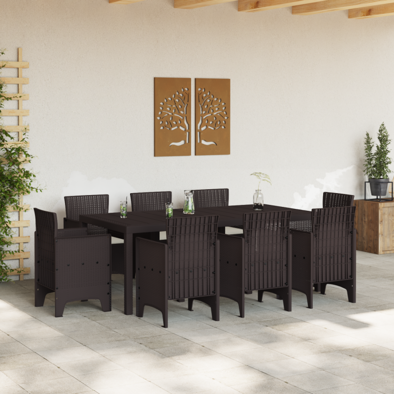9-teiliges Garten Essset mit Kissen Braun Poly Rattan