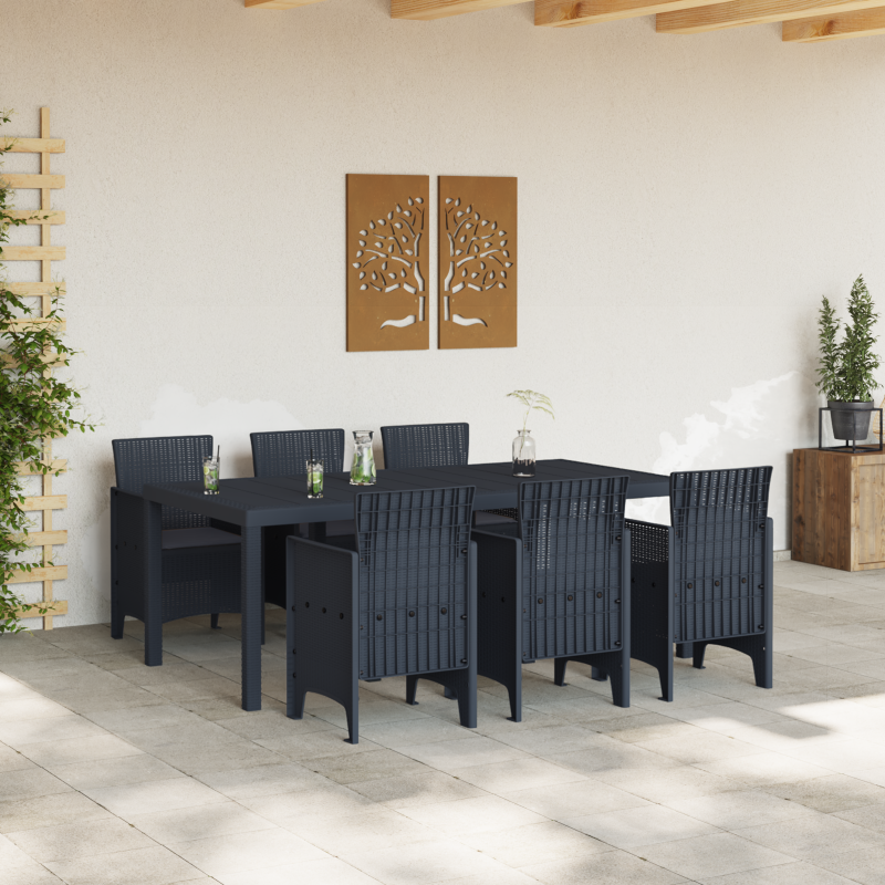 7-teiliges Garten Esstischset mit Kissen Anthrazit Poly Rattan