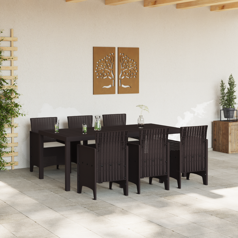 7-teiliges Garten Esszimmer Set mit Kissen Braun Poly Rattan