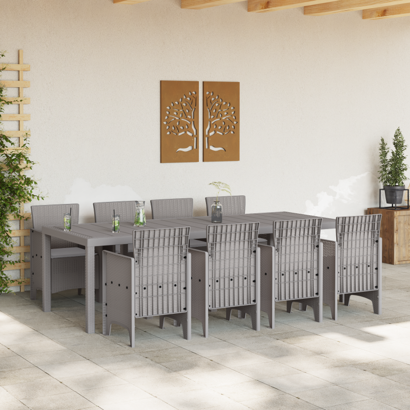9-teiliges Garten-Ess-Set mit Kissen Weiß Poly Rattan