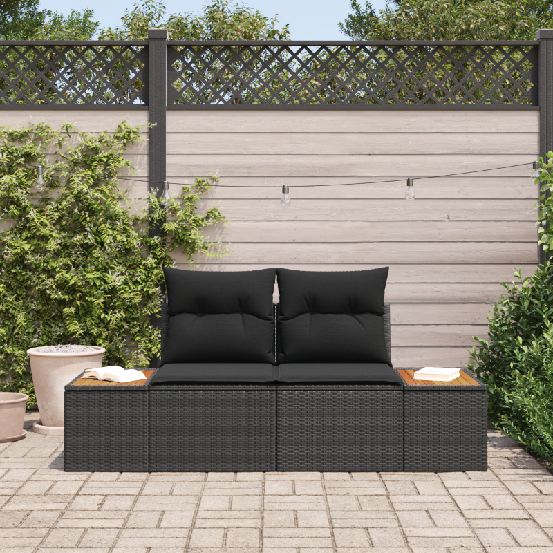 2-Sitzer Gartensofa mit Kissen Schwarz Poly Rattan