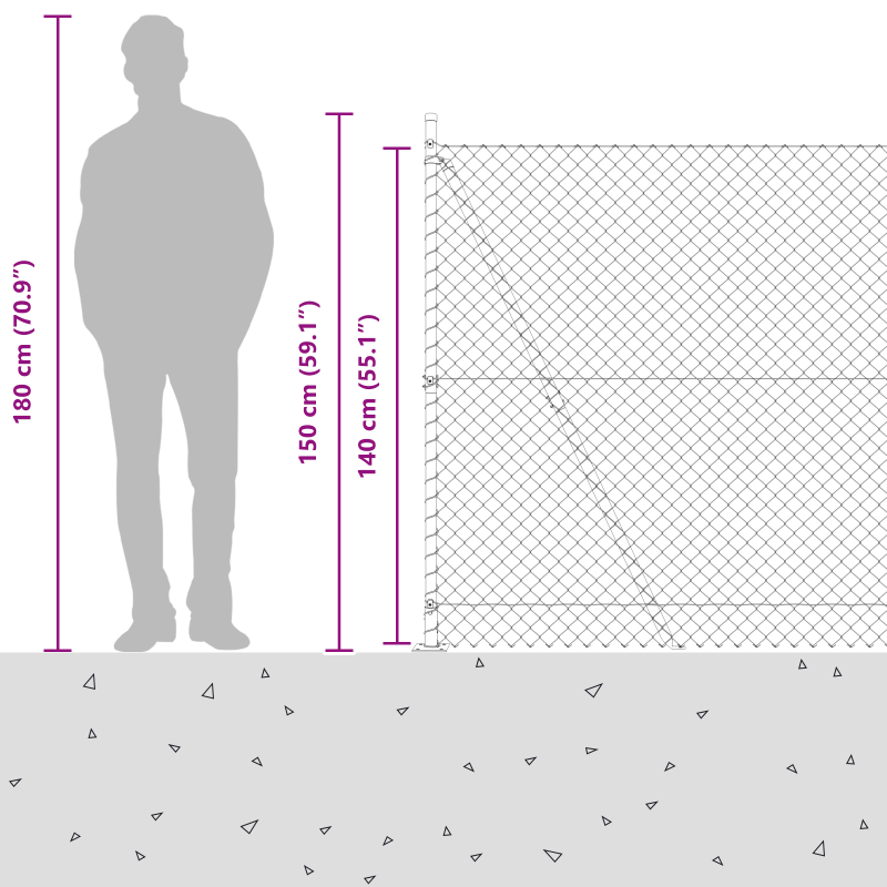 Kettengitterzaun mit 7 geflanschten Pfosten 1,4x10 m verzinkter Stahl