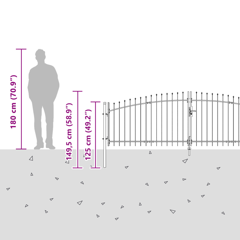 Gartentor mit Spear Top Doppelt schwenkbar Grau 100x400 cm Stahl