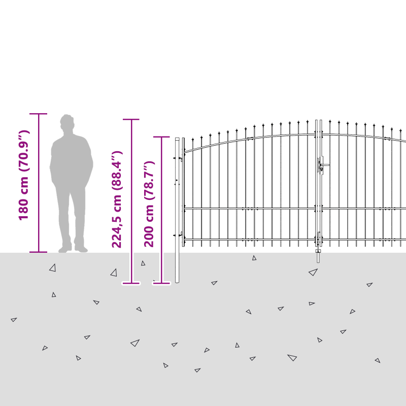 Gartentor mit Spear Top Doppelt schwenkbar Grau 175x400 cm Stahl