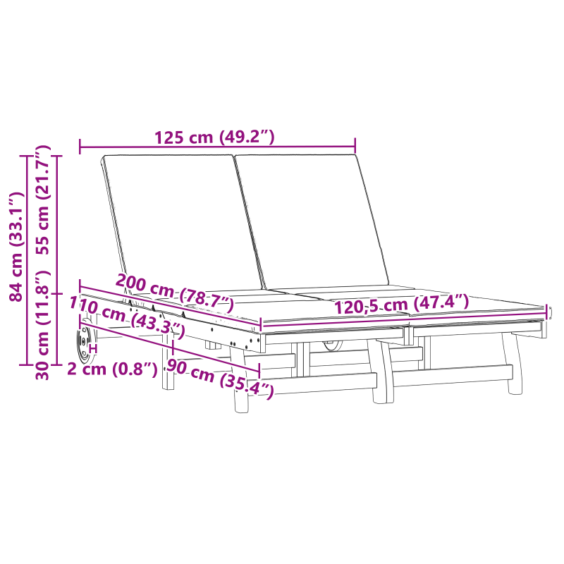 Doppel-Sonnenliege mit Rädern und Kissen aus stabilem Akazienholz