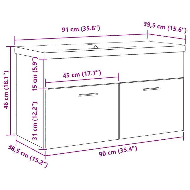 Badezimmer Waschbecken Schrank mit eingebautem Waschbecken Schwarz Eiche Holzwerkstoff