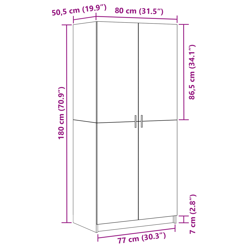 Kleiderschrank Schwarz Eiche 80x51x180 cm Werkstoff