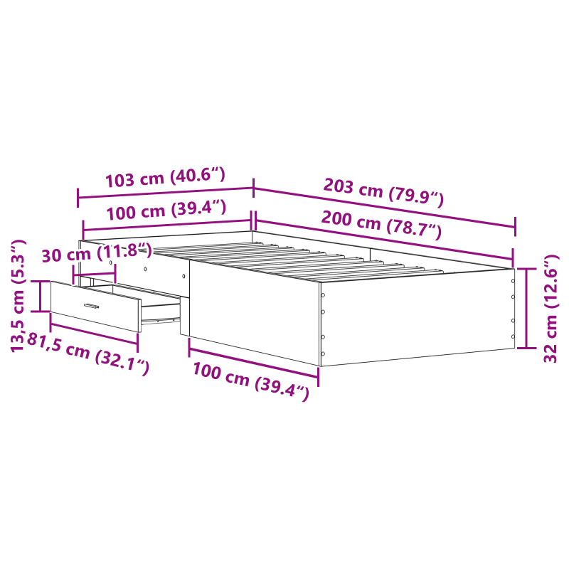 Bettgestell Artisan Eiche 100x200 cm Holzwerkstoff