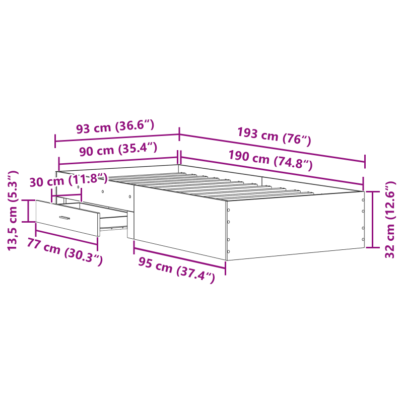 Bettgestell Alteiche 90x190 cm Engineered Wood