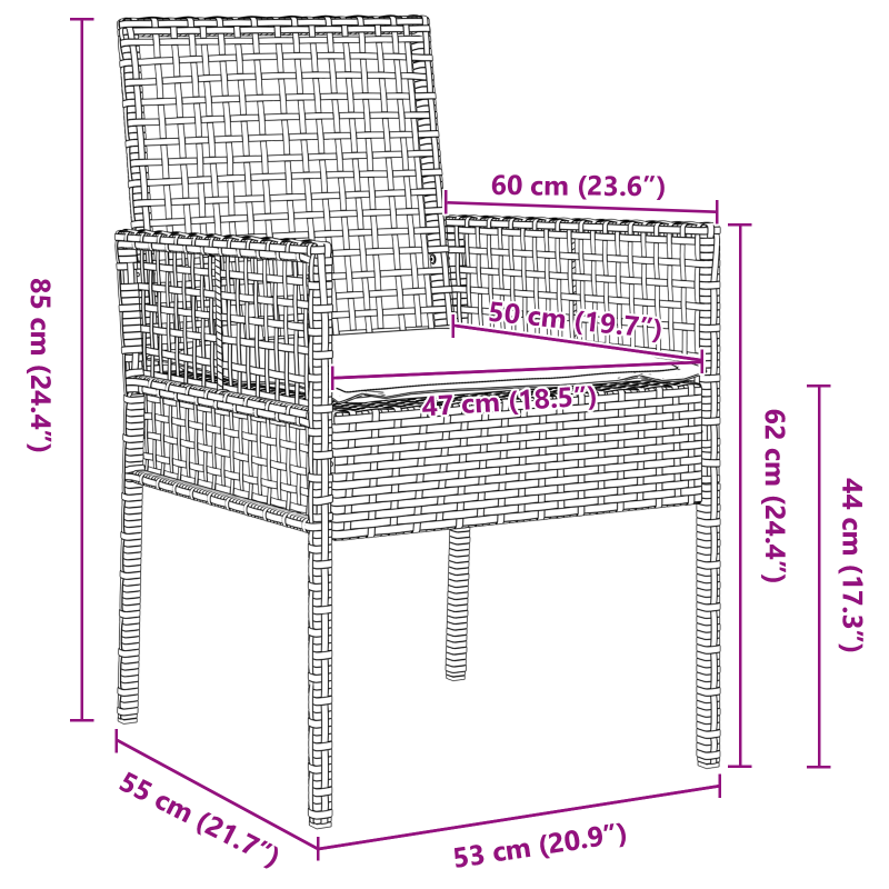 3-teiliges Bistro-Set für den Garten mit Kissen aus braunem Poly-Rattan